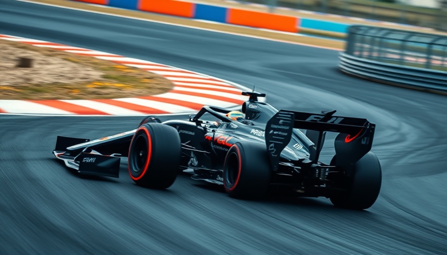 Formula One car racing on track corner at high speed.