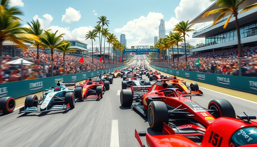 Exciting Miami Grand Prix race with vibrant atmosphere.