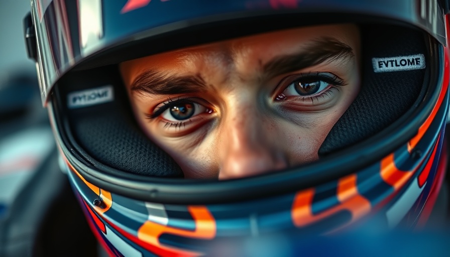 Race car driver in helmet with intense focus, Max Verstappen baby news.