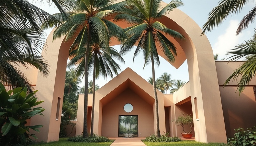 Modern architectural shrine with palm trees, Datta Vihara Shrine, lush setting.