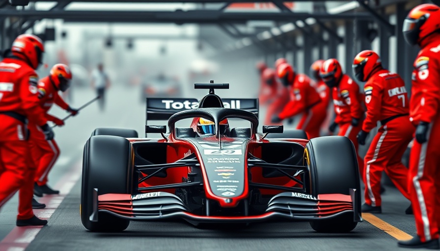 Formula One car pit stop with team in red uniforms, dynamic scene.