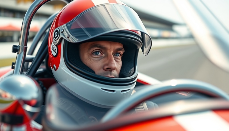 Formula One driver with helmet in classic racecar.