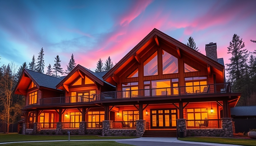 Modern lodge showcasing Rosebrook Lodge architectural design at twilight.