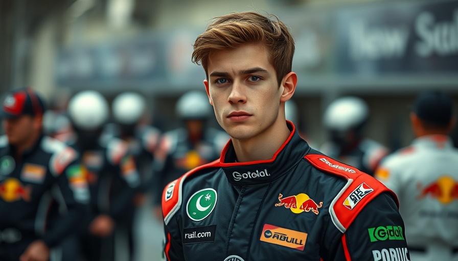 Focused young man in race team uniform at Formula One event.