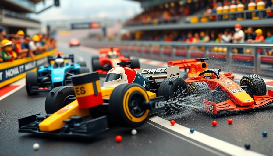 LEGO F1 car crash scene capturing racing excitement.