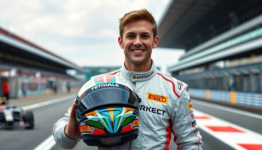 Young F1 driver holds helmet on racetrack, high performance cars F1 theme.