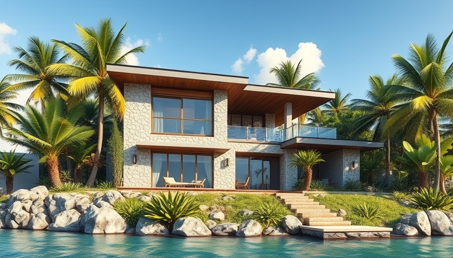 Modern coastal home design with tropical greenery.