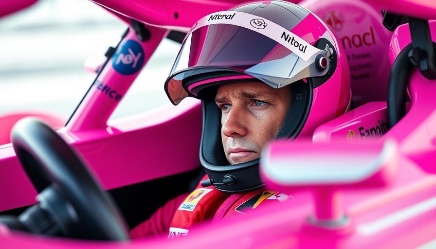 Formula One driver's determined expression in cockpit.