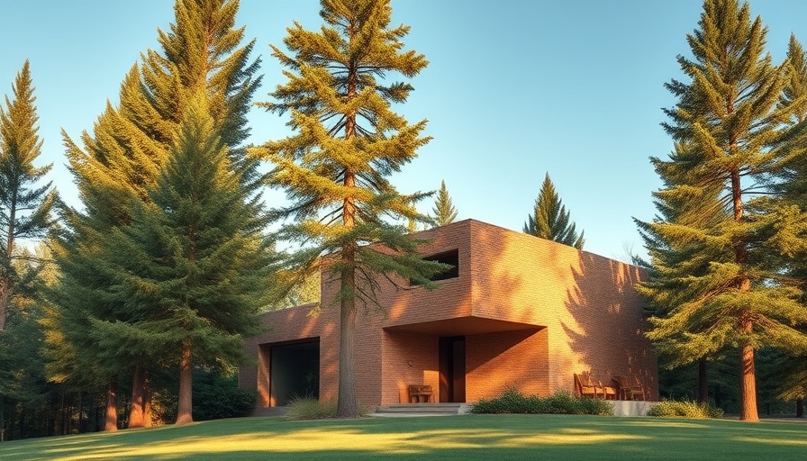 Elegant modern brick house in Lameira architecture, surrounded by trees