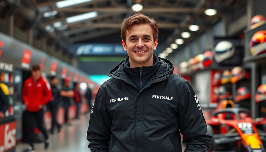 Formula One event indoor scene with smiling man and helmet displays.