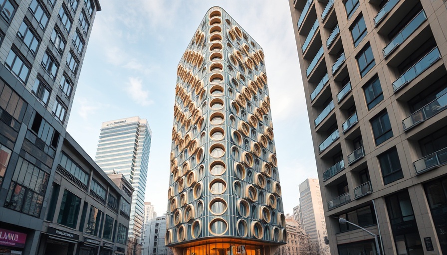 Tall urban building with circular designs, affordable co-living.