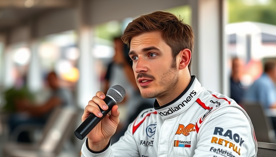 Sergio Perez engaged in an interview, wearing racing attire.