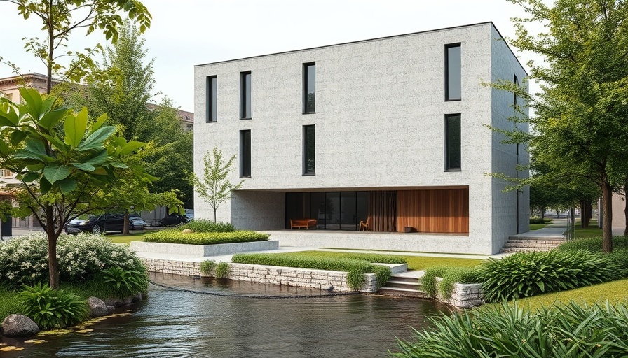 STAY MORE Flagship Store: modern building with neutral facade by a stream.