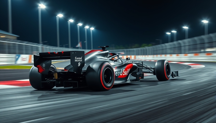 Formula 1 cars testing aerodynamics on a night racetrack.