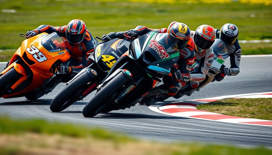 MotoGP racers in action at a turn, showcasing speed and precision.