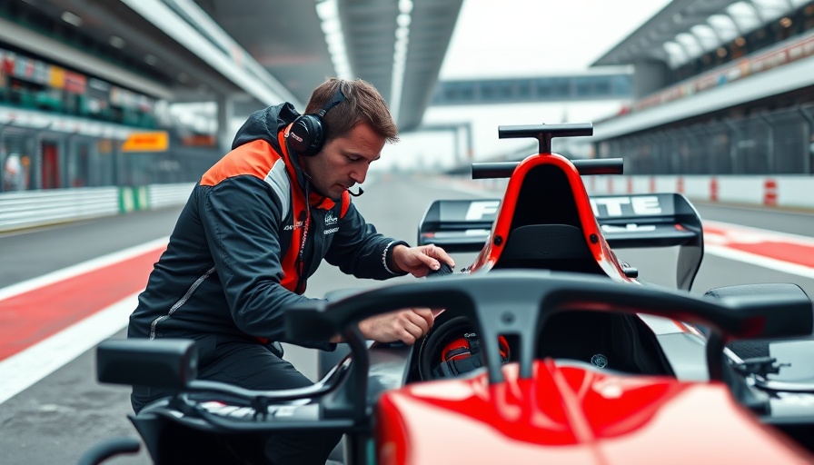 Formula 1 racing demands, engineer assists driver in sleek car, vibrant scene.