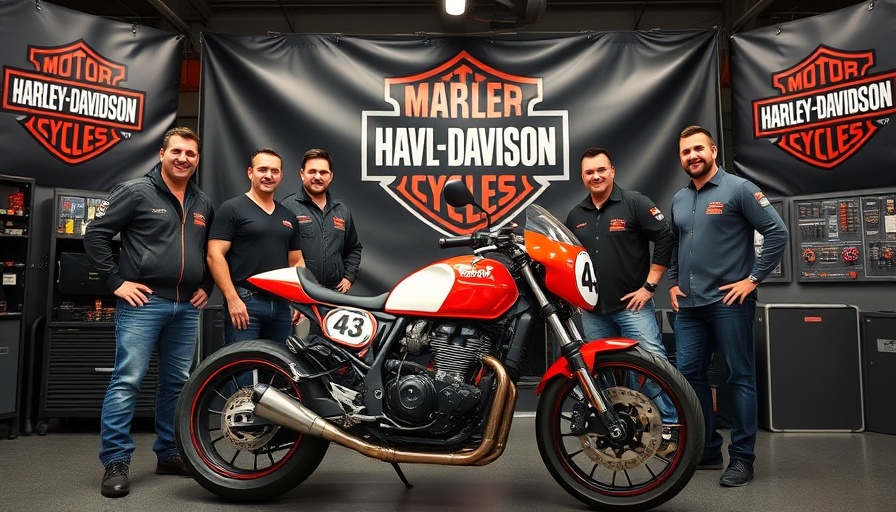 Harley-Davidson championship series group photo with racing motorcycle indoors.