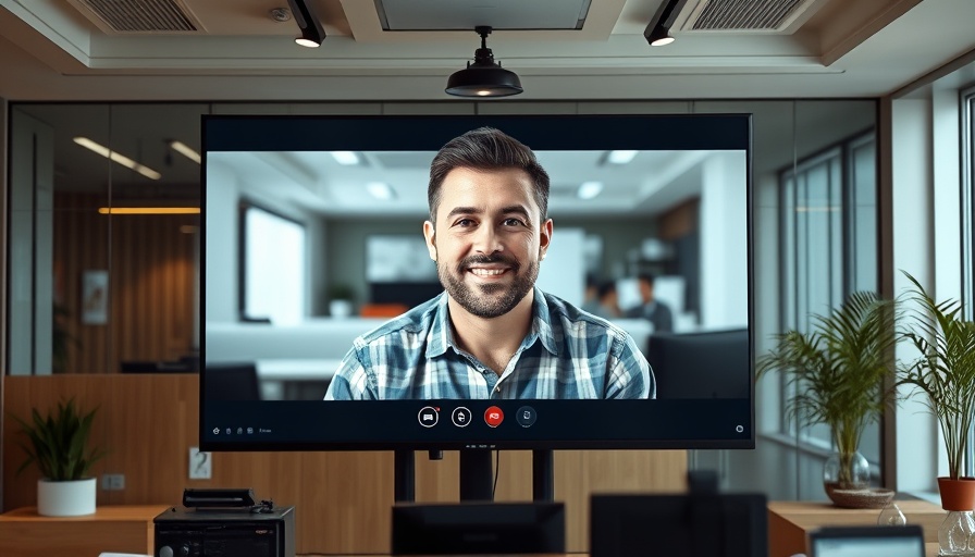 Video call presentation scene with a man on screen in office.