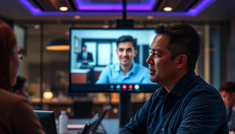 Cinematic video call in a modern conference room with person on screen.