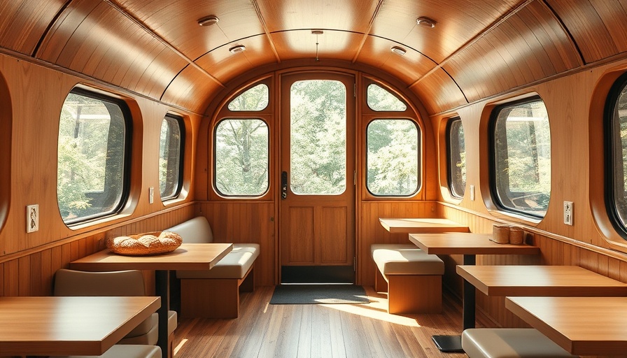 Minimalist cafe in repurposed train car with wooden interior design.