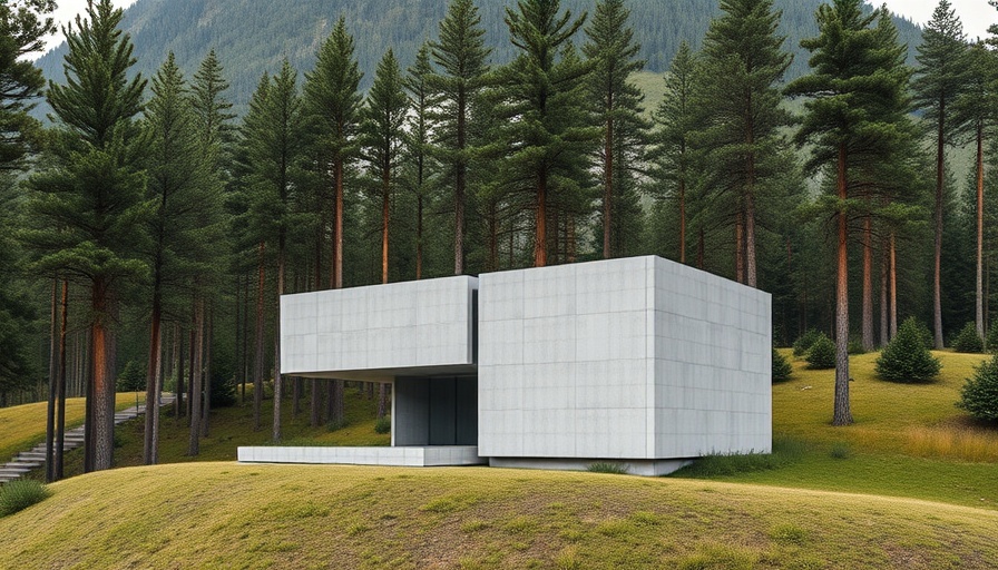 Innovative architectural design in Vilnius, modern concrete structure among pine trees.