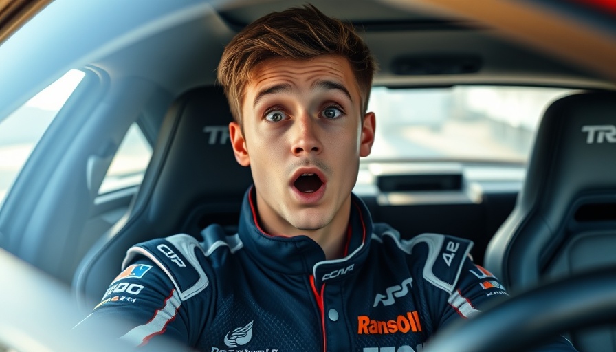 Young man in a Formula 1 team shirt looking surprised.