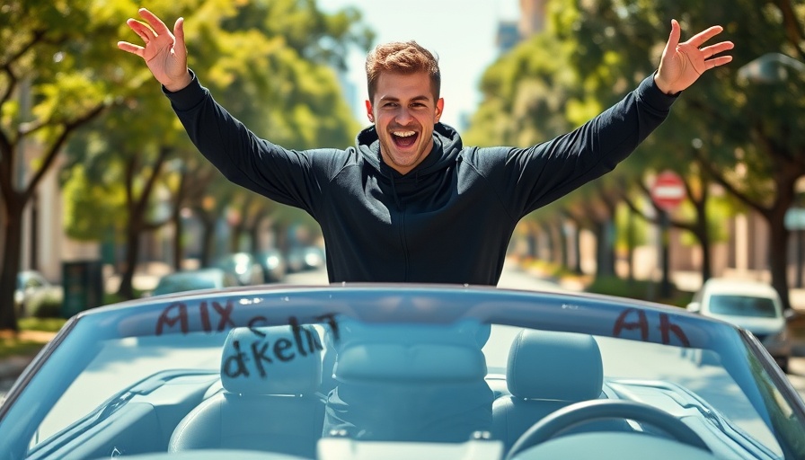 Formula 1 young male posing in open-top car.