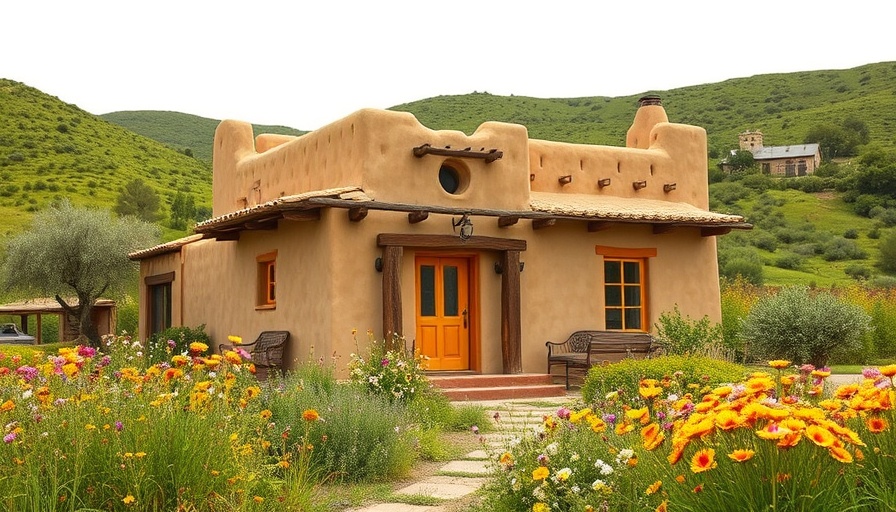 Florencia House Architecture: Adobe house with yellow accents amid wildflowers.