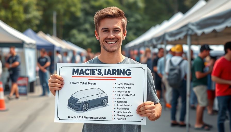 Young man with F1 racing humor poster at outdoor event