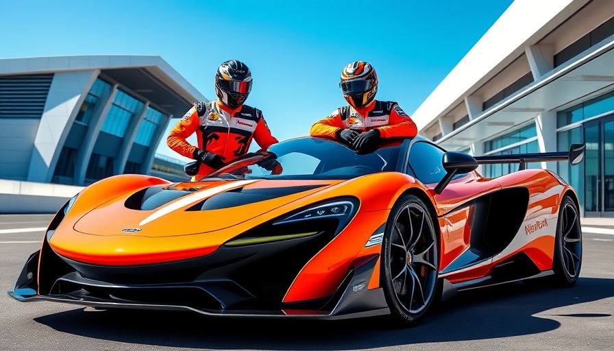 Two race drivers with McLaren Riviera-inspired livery car.
