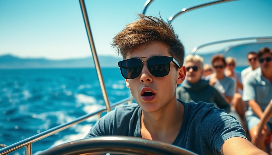 F1 racing driver steering a boat with surprised expression on the water.