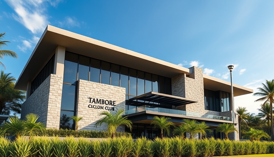 Modern architectural facade of Tamboré Club building with stone and glass elements.