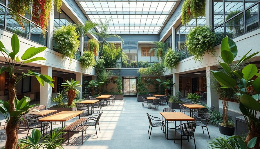 Lush green courtyard with modern seating in plant-based architecture Vietnam.