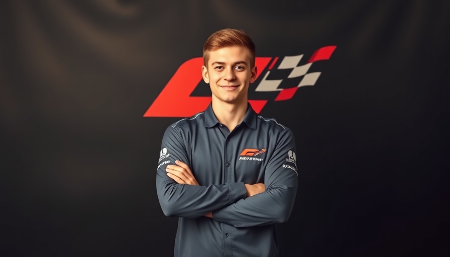 Confident young male racer in front of racing team logo