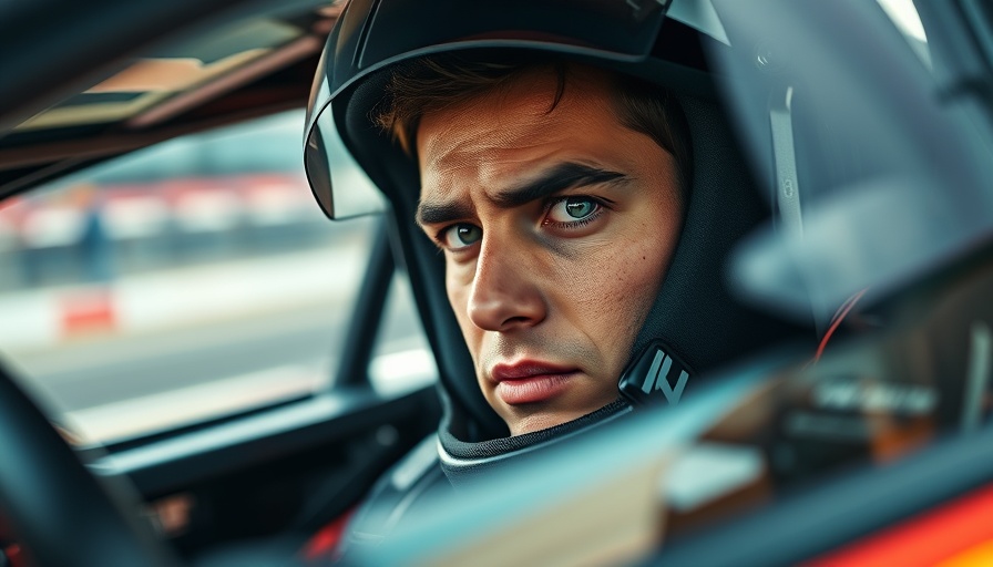Close-up of racing driver inside cockpit conveying intense focus.