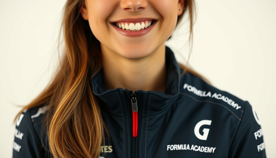 Young woman in Formula 1 Academy jacket smiling warmly.