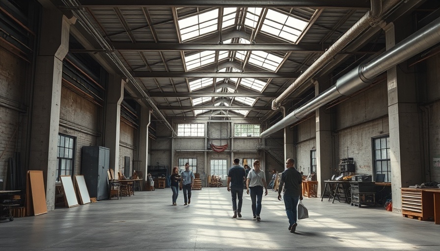 Modern adaptive reuse architecture interior with people and skylights.