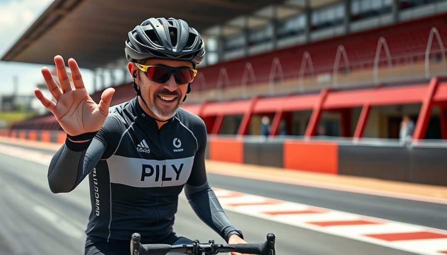 Cyclist gesturing at F1 racing circuit entrance.