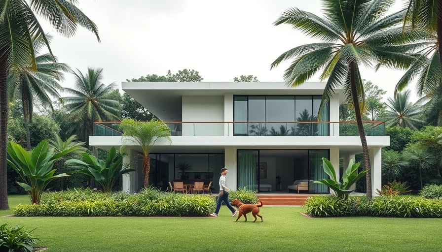 Modern House EJ architecture with lush garden and dog walker.