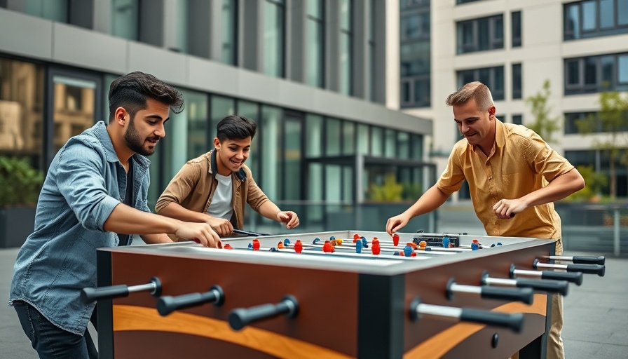 Dynamic young men playing foosball outdoors, Formula 1 atmosphere.