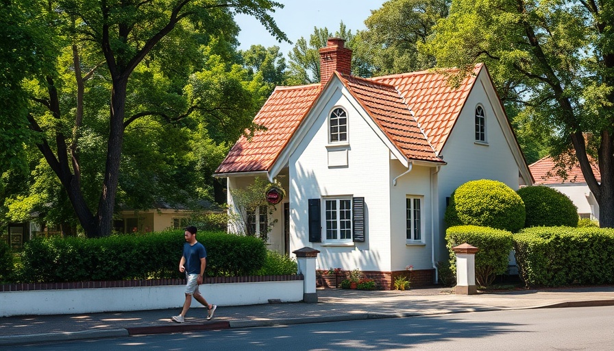 Charming white house in Florida with red-tiled roof and lush greenery.