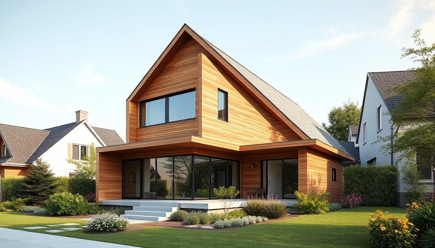 Modern architectural design house with wooden facade and lush garden