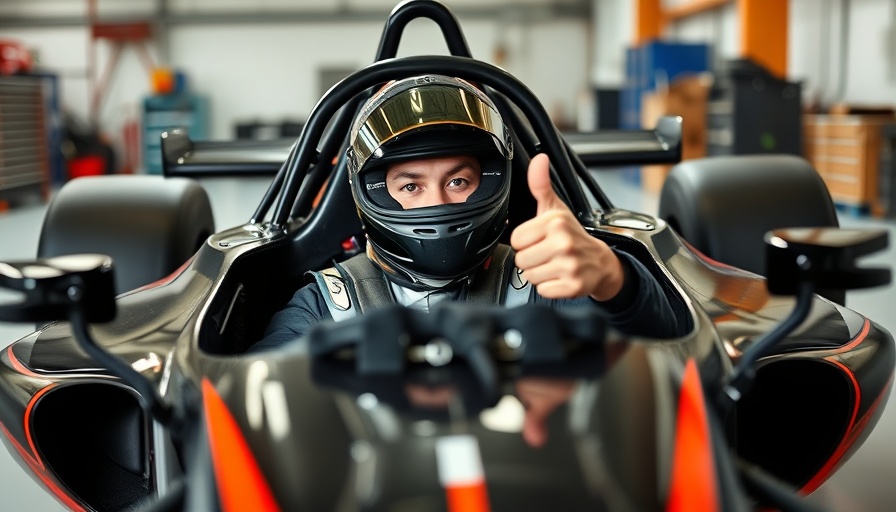 Formula 1 driver in helmet giving a thumbs-up in a garage.