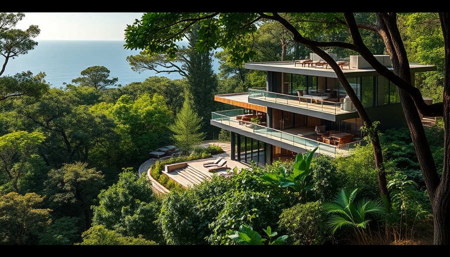 Modern Azur Residence Alianz surrounded by lush greenery in forest.