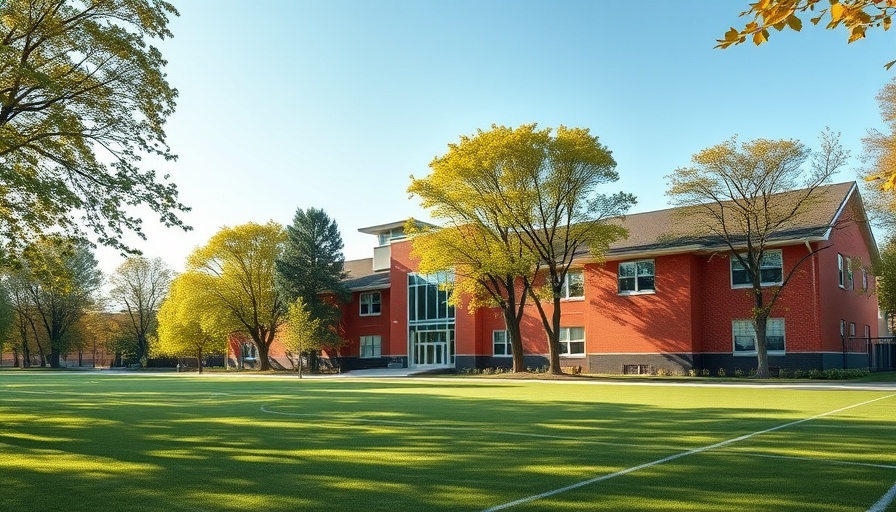 Frič Brothers Elementary School design with green field and trees in background.