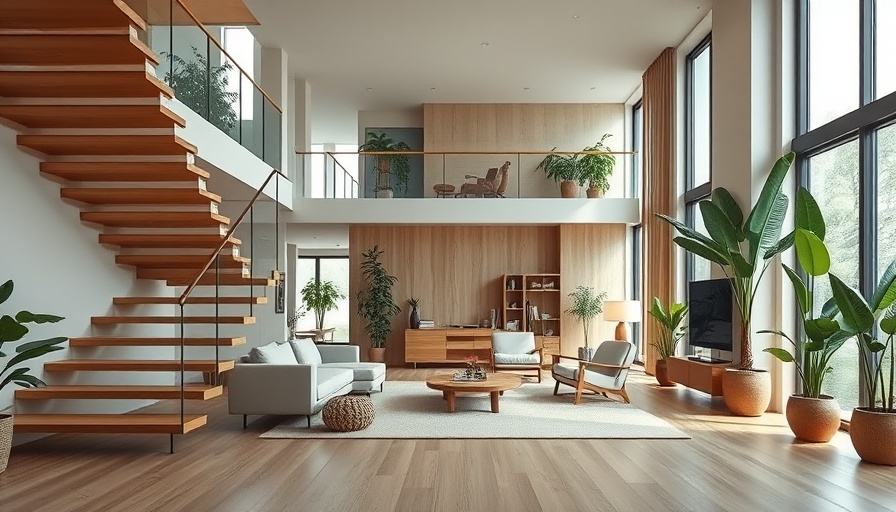 Jinjee House architectural design with modern interior and wooden staircase.
