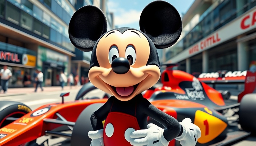 Mickey Mouse and Formula 1 race car in Disney collaboration setting.