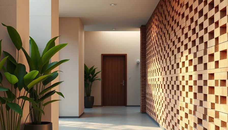 House Next Door renovation São Paulo: modern corridor with brick lattice wall and plants.