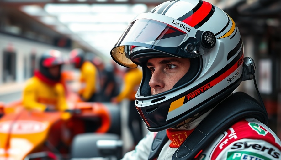 Focused F1 driver preparing for race in pit lane, bright daylight.