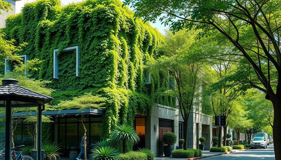 Dom-Ino Hub renovation features a modern three-story building with abundant greenery.